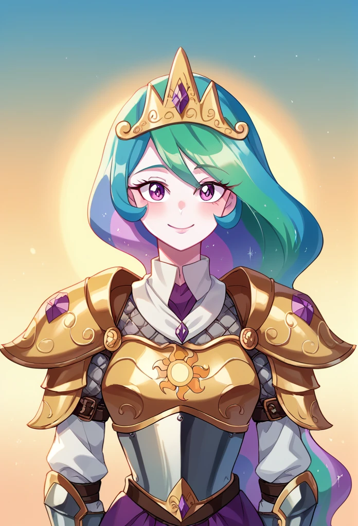 Princess Celestia from Equestria Girls, looking at the viewer, Sunset, pretty eyes, beautiful face, small breasts, medieval armor, Full armor, with a dragon in the background, Beautiful smile, Armor that covers the entire body.. , Armor that covers the entire body.., facing a dragon