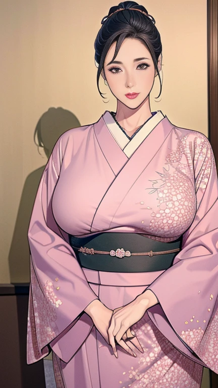 1，Japanese hairstyle，Photorealism，detailed，masterpiece，mature，((full))， (Broad shoulders), ((Huge))，Plus size mature women，expensive，30 years old，Pretty face, (Plump woman)，Beautiful long-sleeved kimono，kimono，Hold your chest with both hands:1，high quality，Are standing，High Resolution 4K Information,Kyoto,
