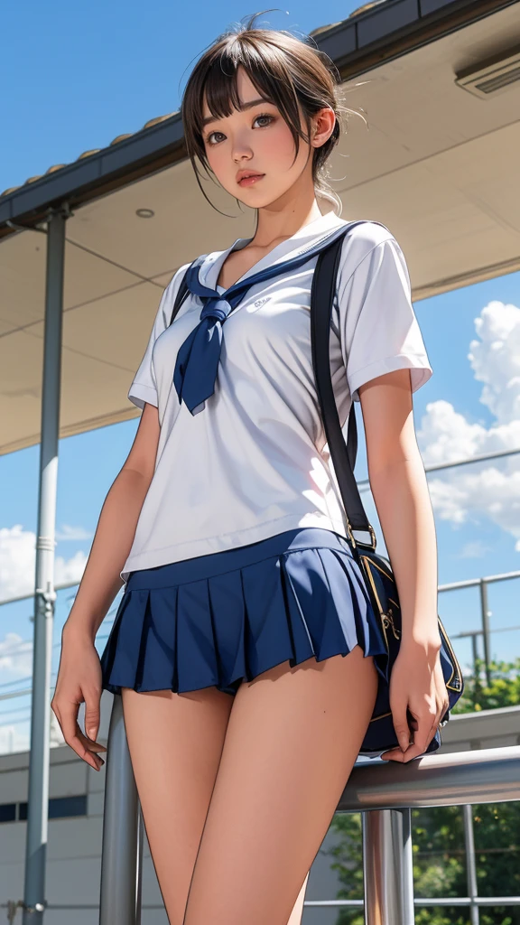 Girl Standing In Schoolyard, Cumulonimbus clouds floating in the summer sky, (White school swimsuit:1.2), Over a navy blue sailor shirt, school bag, , (Very slim:1.4), Thin thighs, knees, Brown eyes, Short hair tied low