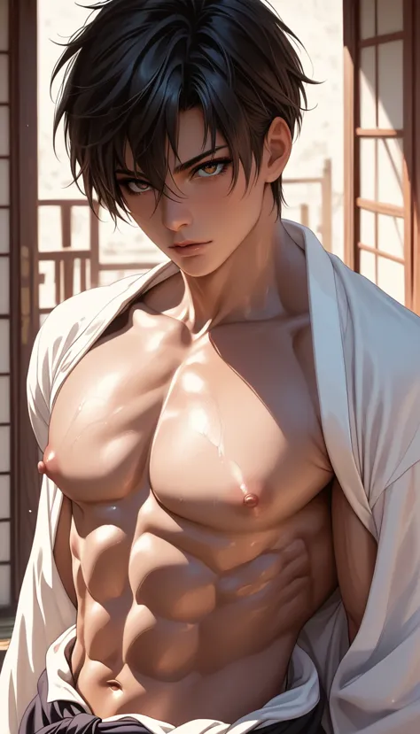 high quality, (japanese 15 y/o boy ), (detailed eyes), (black short hair), (abs), dougi, (dark shiny skin), (detailed puffy nipp...