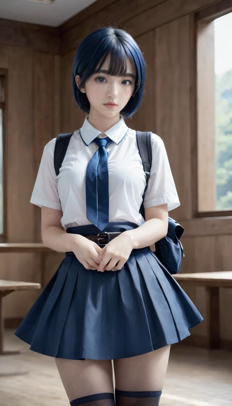 Contrast 4K,Extra Fine Work, Very good quality, Detailed light and shadow, background, classroom, black short hair, black eyes, white shirt, Dark blue skirt, Black belt, White knee-high stockings, Backpack, Blue hair bow