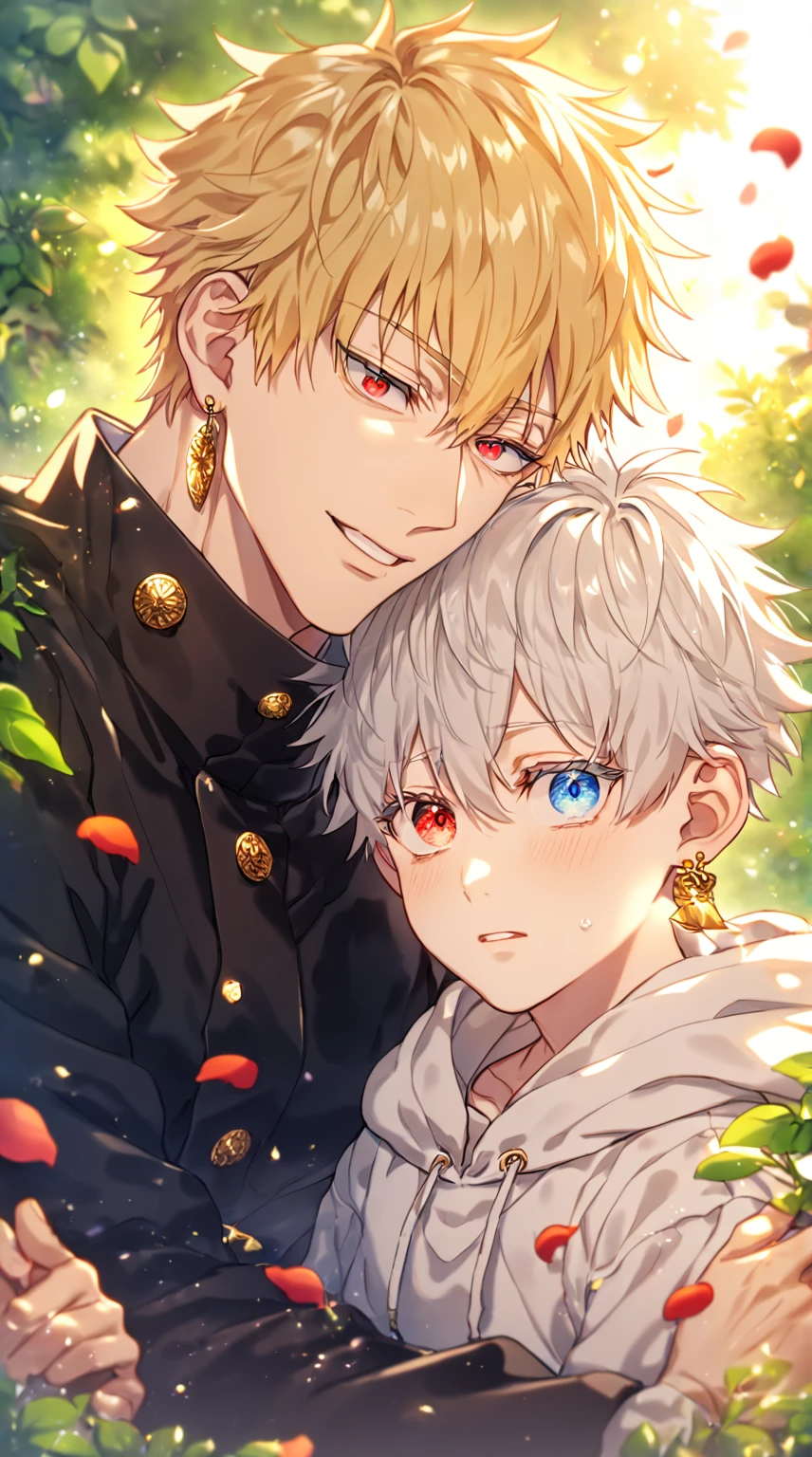 absurdres, highres, ultra detailed, HDR, master piece, best quality, extremely detailed, detailed eyes, detailed face, Gilgamesh, blonde hair, golden earrings, expressive red eyes, Fate Grand Order, Gojou Satoru, white hair, expressive blue eyes, white eyelashes, a manly man together with a boy of ten years old, yaoi, gay couple, handsome, fantasy, black coat, white hoodie, forest, green leaves, flowers, petals, magical, Jujutsu Kaisen