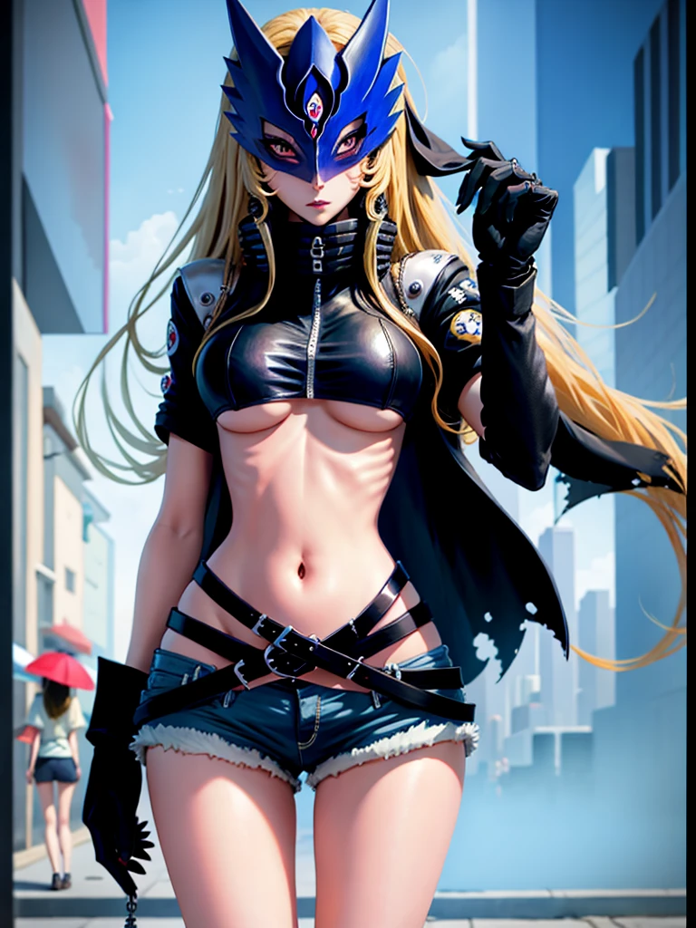 masterpiece, best quality, beautiful detailed eyes, beelstarmon, 1girl, solo, long hair, looking at viewer, showing large breasts, short sleeves, navel, standing, jacket, sidelocks, cowboy shot, less clothes, black gloves, midriff, belt, very short shorts, city, street,