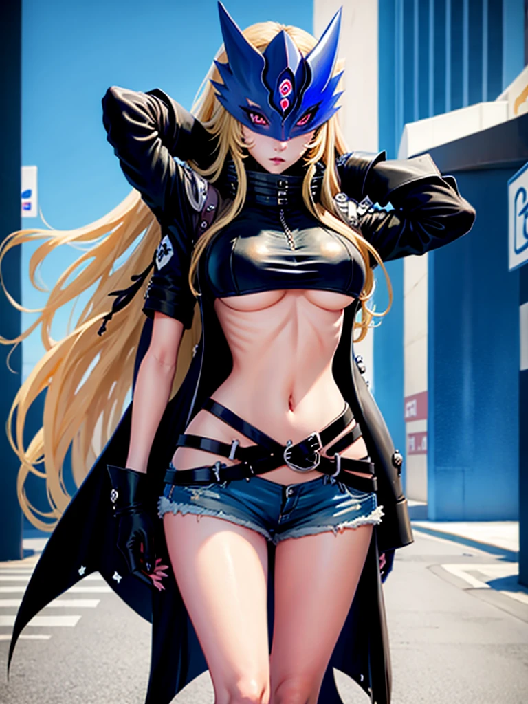 masterpiece, best quality, beautiful detailed eyes, beelstarmon, 1girl, solo, long hair, looking at viewer, showing large breasts, short sleeves, navel, standing, jacket, sidelocks, cowboy shot, less clothes, black gloves, midriff, belt, very short shorts, city, street,