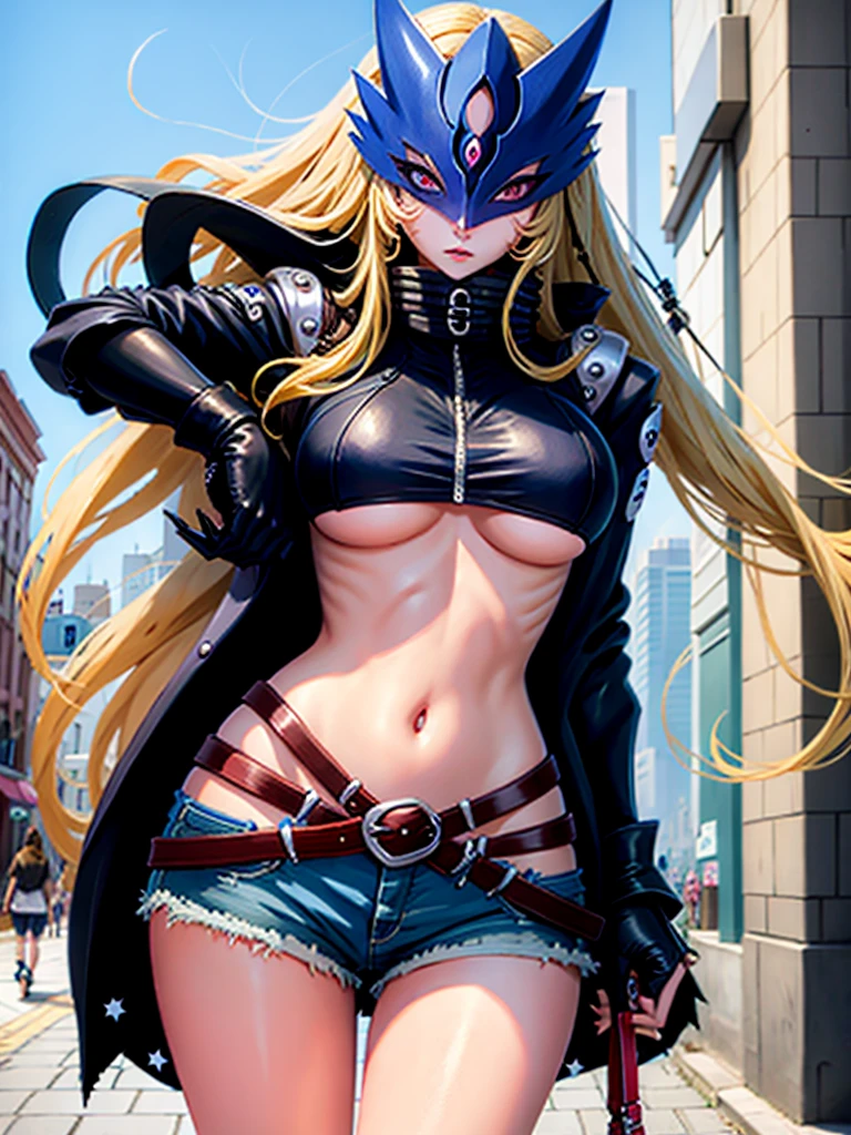 masterpiece, best quality, beautiful detailed eyes, beelstarmon, 1girl, solo, long hair, looking at viewer, showing large breasts, short sleeves, navel, standing, jacket, sidelocks, cowboy shot, less clothes, black gloves, midriff, belt, very short shorts, city, street,