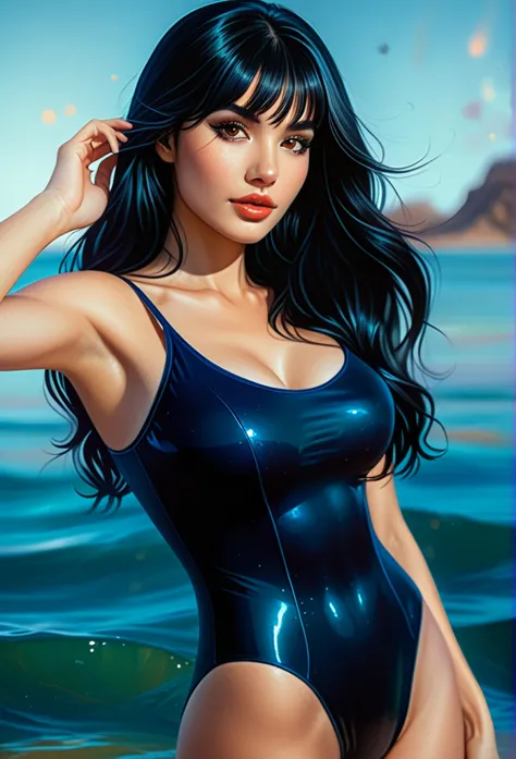 a 22yo woman with long black hair, in the style of charlie bowater, dark blue and dark black,realistic color palette, soft-focus...