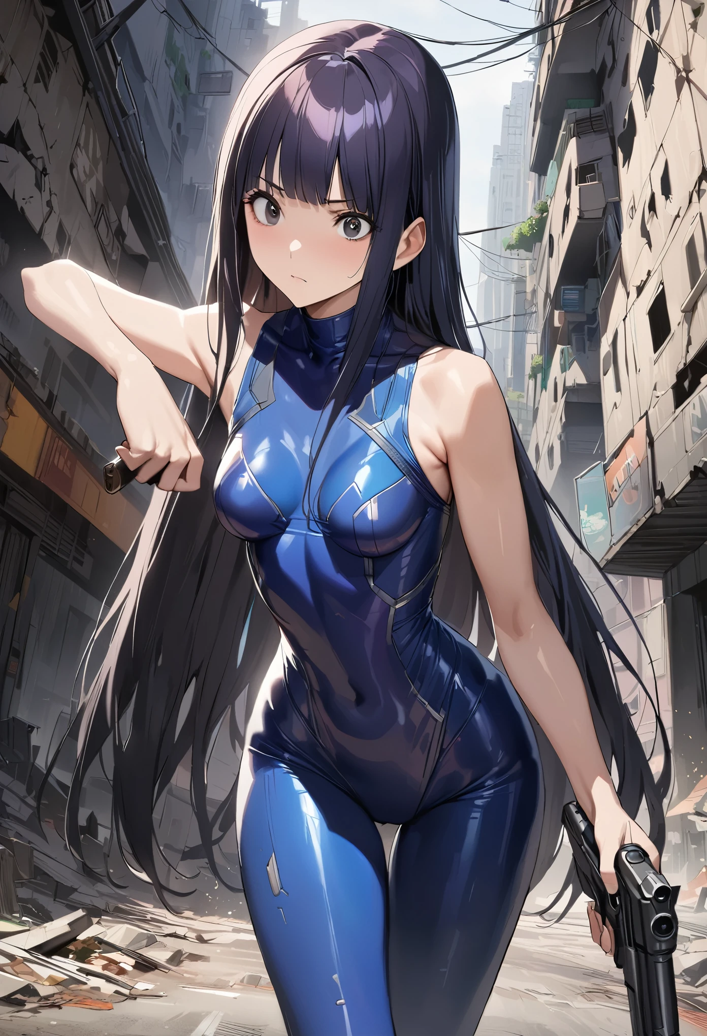 Action Scenes、((masterpiece,best quality anime,Highest quality:1.3)),realistic,cowboy shot,1woman,独奏,(30 year old beauty),((very small head:1.4)),((very long body:1.4)),(dark blue hair),straight long hair,(gorgeous big eyes),black eyes,Serious expression,((slender body:1.4,skinny)),medium breasts,dark blue turtleneck sleeveless,leotard,Futuristic goggles,oily skin:1.2,gleaming skin,shiny skin, (holding handgun、Shoot a gun、Shooting stance)、Combat Boots、Dynamic Pose、on road,Ruined city、Collapsed Buildings、Cyberpunk World、