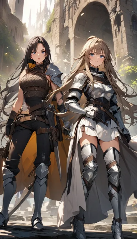 ultra-high definition image quality、beautiful girl、female warrior、female swordsman、light armor、silver boots、long hair、knight&#39...