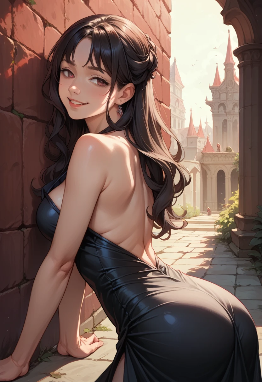 (photorealism:1.2), beautiful girl, hentai anime digital art, black long hair, seductive smiling face, she is fully covered, turning backwards, nice big ass, she is fully covered in black princess gown, slim, background of a red royal stone wall