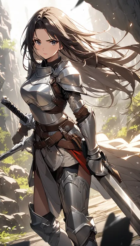 ultra-high definition image quality、beautiful girl、female warrior、female swordsman、light armor、silver boots、long hair、knight&#39...