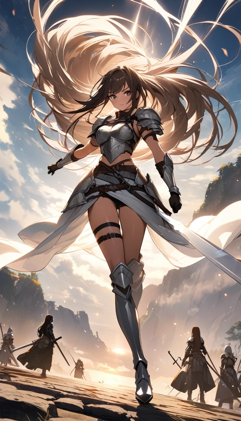 Ultra-high definition image quality、beautiful girl、Female Warrior、Female Swordsman、Light Armor、Silver Boots、Long Hair、knight&#39;hair ornaments、Black Hair、20-year-old、Be confident々face、Very short tight skirt、Sexy posture、wilderness、Highest quality,Big Ass、Big Breasts、Thighs、Grabbing the spear、Gorgeous embroidered lace panties、Joan of Arc style clothing、Wind King Barrier、Her hair is blowing in the wind、The Sword of Promised Victory、god々Wearing a bright aura、Big Ass、Valkyrie the War Maiden、Crotch close-up、Angle from directly below、Squat with your legs apart、（Confused eyes）、３White eyes、Demon King