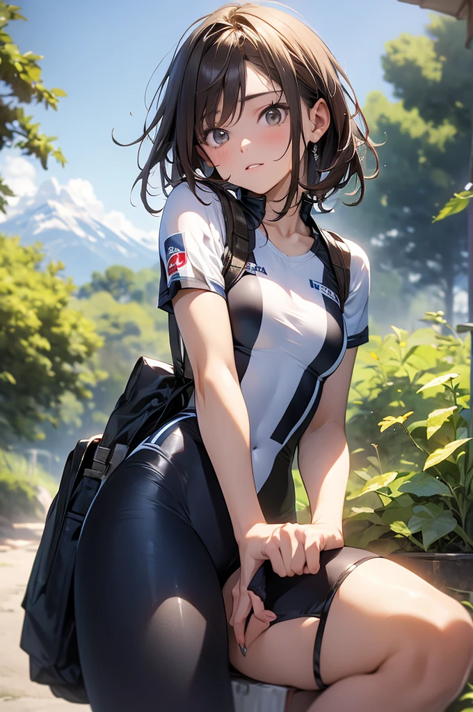 20-years-old, sexy girl, solo, brown hair、looking at the viewer, small face, Beauty, thums up, one person, short sleeve cycling wear, half cycling pants, mountain road, blue sky, (Akane Kurokawa:1), slim, midium breast