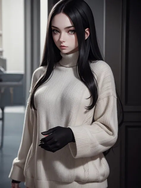 (best quality), 1girl, female, pale skin, (black hair), long hair, straight hair, grey eyes, perfect eyes, turtleneck sweater, s...