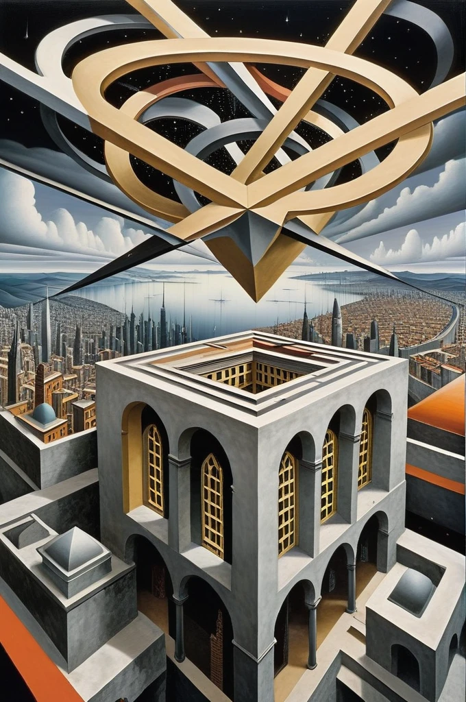 d3qck artstyle,style of Edvard Munch,art by escher,Gerald Brom,In a world where geometry reigns supreme, cityscapes reveal a colourful phenomenon. Skyscrapers composed of interconnected shapes – triangles, circles and squares – each in a distinct bright colour, accentuated by gold, silver and black, stand out harmoniously against the backdrop of contrasts. Here, geometry comes to life, transforming and rearranging into harmonious patterns and shades. The sky is a canvas of mathematical perfection, with clouds forming fractal patterns that reflect the city below. This is a place where Euclidean and non-Euclidean geometry coexist, a utopia for those who find beauty in corners and edges, in bright and expressive play of colour and shape, and in a dark, modern fantasy style.