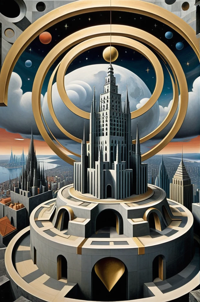 d3qck artstyle,style of Edvard Munch,art by escher,Gerald Brom,In a world where geometry reigns supreme, cityscapes reveal a colourful phenomenon. Skyscrapers composed of interconnected shapes – triangles, circles and squares – each in a distinct bright colour, accentuated by gold, silver and black, stand out harmoniously against the backdrop of contrasts. Here, geometry comes to life, transforming and rearranging into harmonious patterns and shades. The sky is a canvas of mathematical perfection, with clouds forming fractal patterns that reflect the city below. This is a place where Euclidean and non-Euclidean geometry coexist, a utopia for those who find beauty in corners and edges, in bright and expressive play of colour and shape, and in a dark, modern fantasy style.