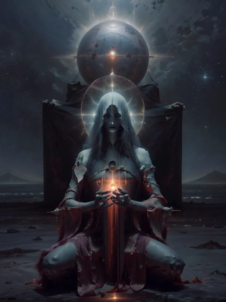 (ran),blue witch,Create a highly detailed and atmospheric digital painting of a cosmic dark entity meditating in a lotus position on the surface of a barren planet. The entity has a shadowy, featureless face and a muscular humanoid body covered in dark organic tendrils that appear to flow and twist around it.. A bright red crystal is embedded in his chest, pulsating with dark energy. Above the head of the entity, A spinning purple and black cosmic vortex with a glowing mystical orb at its center radiates power, Shedding an ethereal light. The background features a vast star-filled galaxy with purple nebulas and distant cosmic phenomena., creating a sense of infinite space and power. The lighting is dark and sinister, and the main sources of light are the glowing red crystal and the mystical orb. The overall color palette is dominated by deep purples., black and touches of red, evoking a sense of cosmic mystery and power.