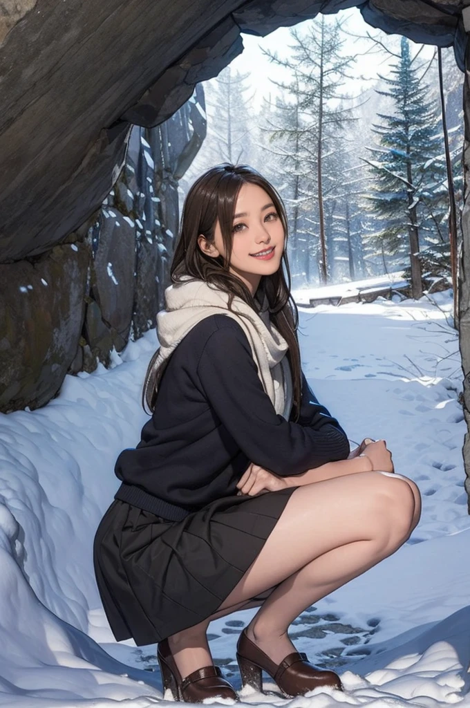 Snow cave in snow country, Sweater and skirt, wonderful, masterpiece, At night, Smiling cute, squat, Look straight ahead