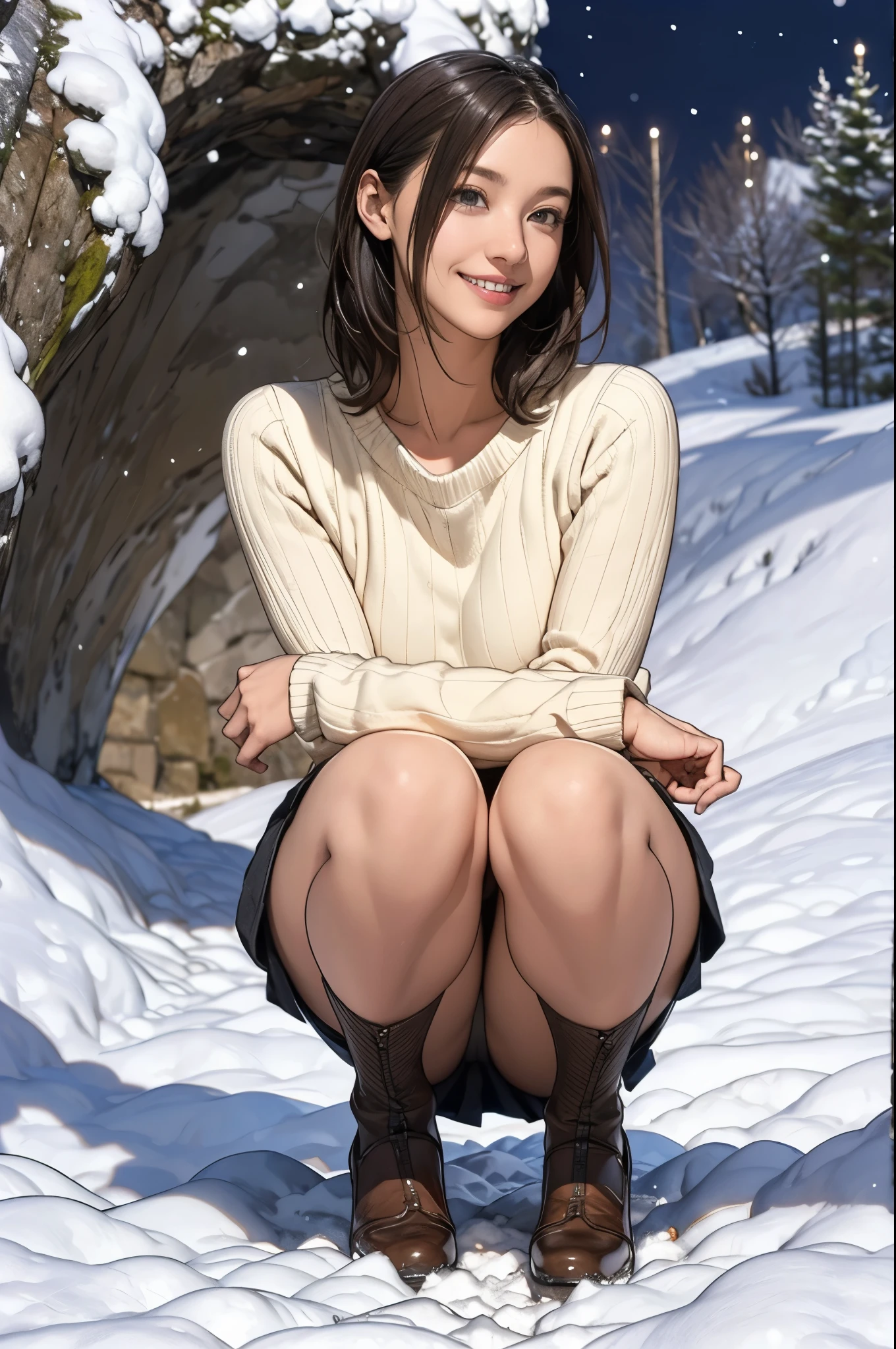 Snow cave in snow country, Sweater and skirt, wonderful, masterpiece, At night, Smiling cute, squat, Look straight ahead