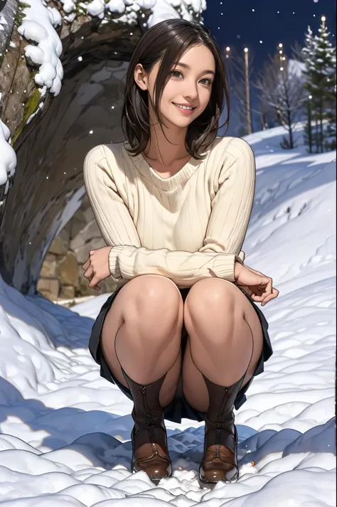 snow cave in snow country, sweater and skirt, wonderful, masterpiece, at night, smiling cute, squat, look straight ahead