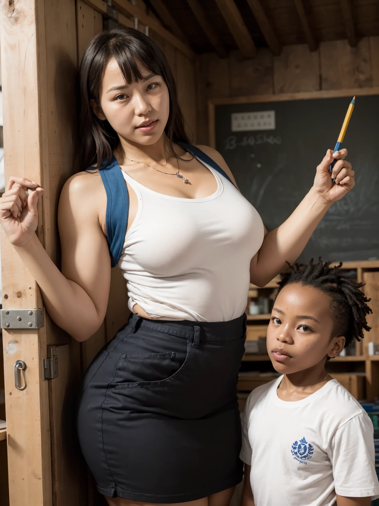 (Mature southkorean!woman & little gradeschooler african!boy), BREAK, Teacher girl, mouth open, 42yo sensual southkorean l!milf teaching in secluded poor african (gradeschool shack) deep by the Kenya forest. dark hair with bangs, lipgloss, natural make-up, simple necklace, the girl wearing sleeveless short with vest and pencil skirt, her arms behind head, fleshy milf's arms, gradeschooler homeroom teacher, standing confidently, cupboard, dirty minimalist gradeschool with 1 african!boy gradeschooler student, chatting with 1 tiny african!boy, tiny gradeschooler african!boy wearing dirty school uniform, masterpiece, best quality, best result, mature female, BREAK, scenario: the gradeschooler hitting her off, the school is really minimalist and deep in the mountain, school for the poor, BREAK, (FOCUS: MATURE FEMALE SOUTH KOREAN & TINY LITTLE AFRICAN BOY), the boy mus be african!fat_boy,