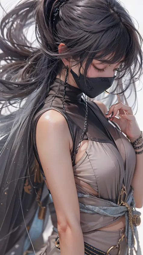 (((Highest quality, 8k, masterpiece: 1.3)), ((Highest quality)), ((masterpiece)), (detailed), Perfect Face, \(Black Hair, Side Ponytail, Mouth veil, Ninja, Full body portrait, female Ninja, Looking down, On all fours, Stick your ass out, Ninja costume\)