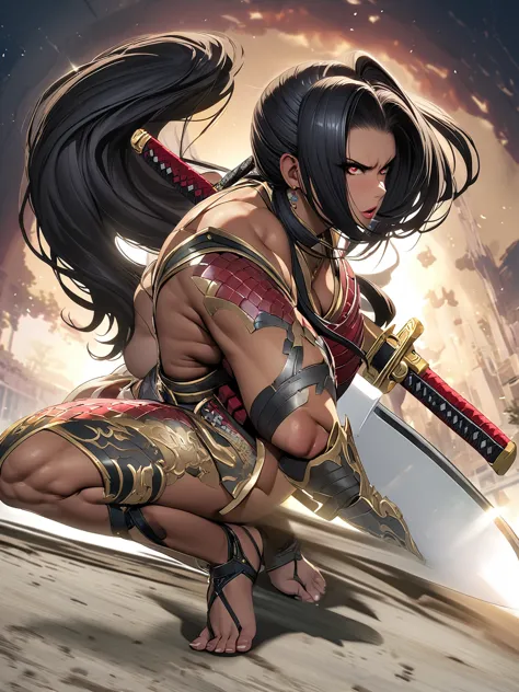 (one japanese woman)、(squat)、(drawing the sword)、(black hair)、(long ponytail)、((warrior princess))、((female generals))、(goddess ...