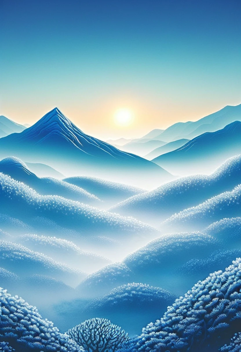  Snowy mountain scenery in blue tones at sunrise，With sunrise as background. The distant mountains are covered with fog and low clouds. Misty mountains., Mountains like ink paintings, Kiriya, Foggy morning landscape, sea of clouds, Morning light snow mountain,

                    Peaceful and dreamy atmosphere, Vision，ultra depth of field，super wide angle，The complexity of microfocal length lenses、High detail shooting, exquisite art, Realistic and ultra-detailed digital art style