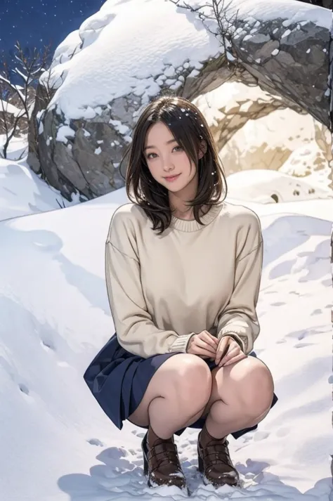 snow cave in snow country, sweater and skirt, wonderful, masterpiece, at night, smiling cute, squat, look straight ahead