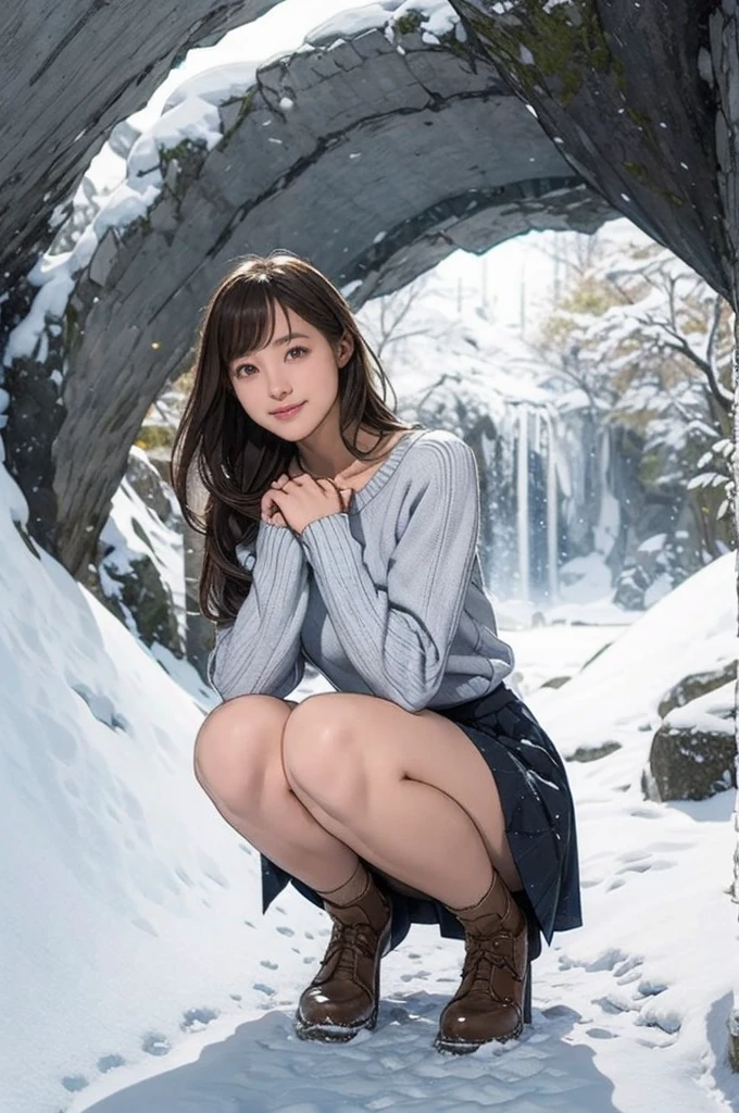 Snow cave in snow country, Sweater and skirt, wonderful, masterpiece, At night, Smiling cute, squat, Look straight ahead