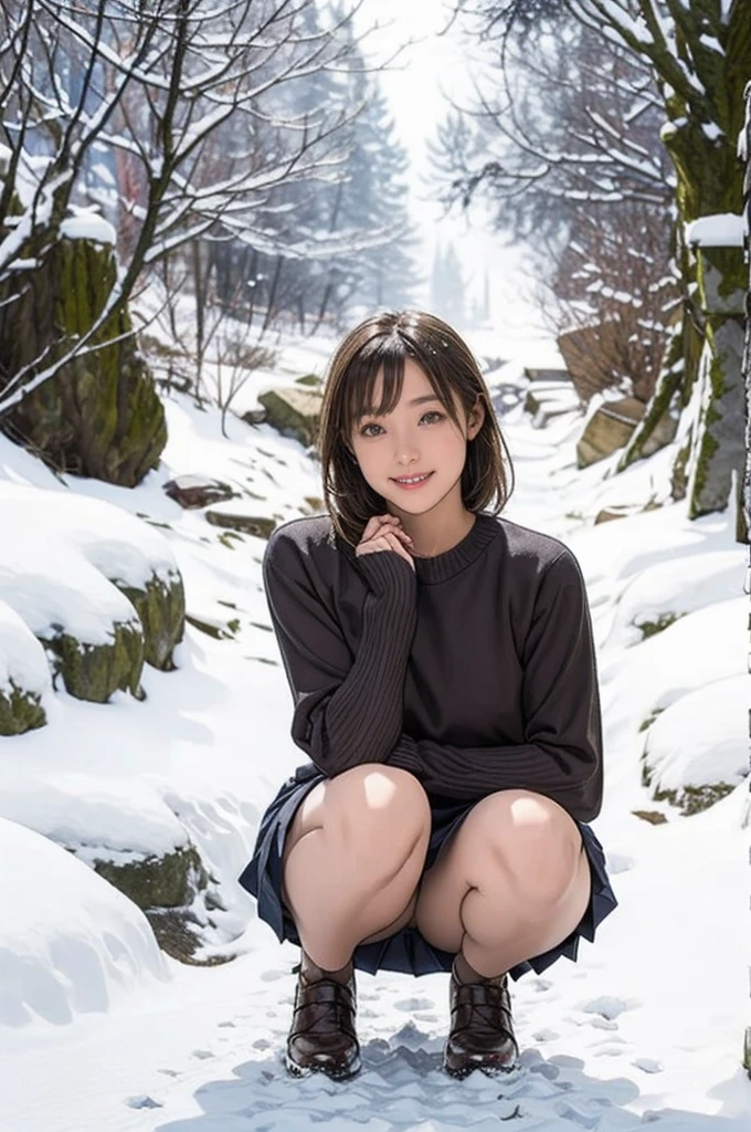 Snow cave in snow country, Sweater and skirt, wonderful, masterpiece, At night, Smiling cute, squat, Look straight ahead