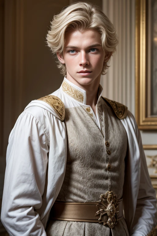 Portrait of handsome blond boy, English lord, English lord clothes, blond hair, very handsome, royal court, royalty, baroque, elegance, 2, blue eyes, artistic portrait, handsome boy, European boy, white man, elegant, beautiful face, symmetrical