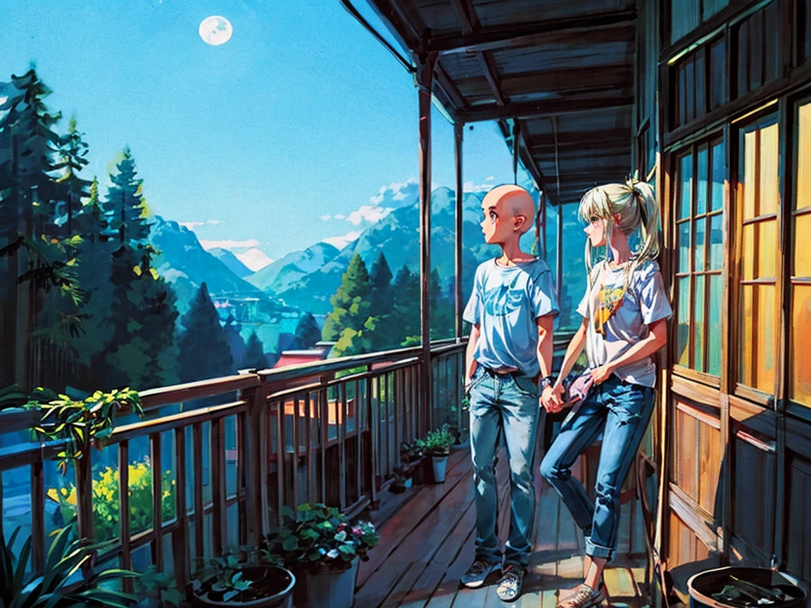 night shot, moon light, 1boy 1 girl, wearing t shirt and jeans, boy with bald head, girl with ponytail, sitting in foldable chairs facing each other, in a balcony. dual coloured sky, moon, wes anderson style, far shot, potted plants in balcony, forest silhoutte in background, far view