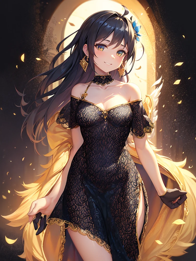 jorbria, angel wings, beautiful woman, (photorealistic), backlit, black background, black dress, black gloves, black hair, smile, cowboy shot, dress, earrings, floating hair, gloves, gold earrings, gold hair band, hair flower, hair ornament, ((hair band)), jewelry, light particles, long hair, look viewer, off-the-shoulder dress, off-shoulder, Petals, Side Rock, Solo, Spike, Beautiful Dress, Double-sided Fabric, ((Masterpiece))  