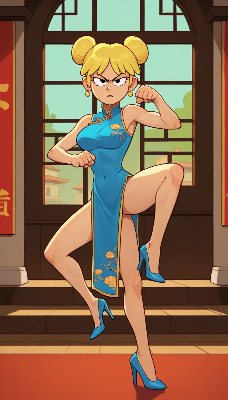 lori loud, 1girl, solo, 24yo girl, blue cheongsam,  inside of a chinese style temple, large breasts, looking at viewer, blonde hair, short hair, two hair buns , hands  score_9, score_8_up, score_7_up, high heels,teep fighting stance,martial arts