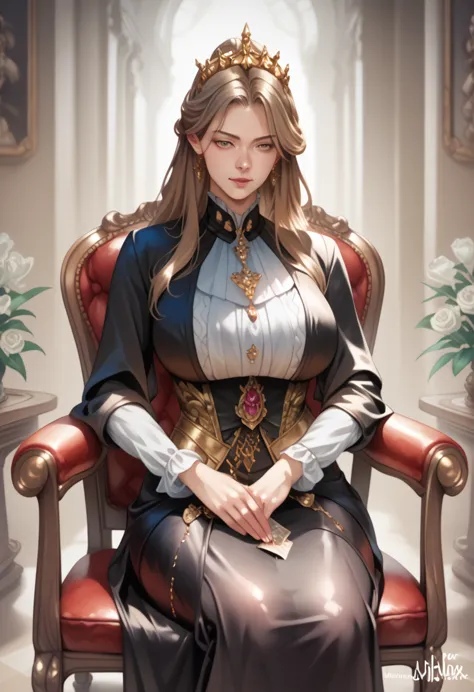 (photorealism:1.2), beautiful woman, a mother, she's a princess, hentai anime digital art, brown long hair, calm gentle motherly...