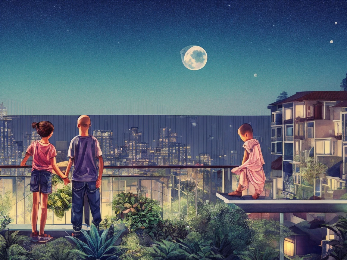 night shot, moon light, 1boy 1 girl, wearing t shirt and jeans, boy with bald head, girl with ponytail, sitting in foldable chairs, in a balcony. dual coloured sky, moon, wes anderson style, far shot, potted plants in balcony, forest silhoutte in background, far view