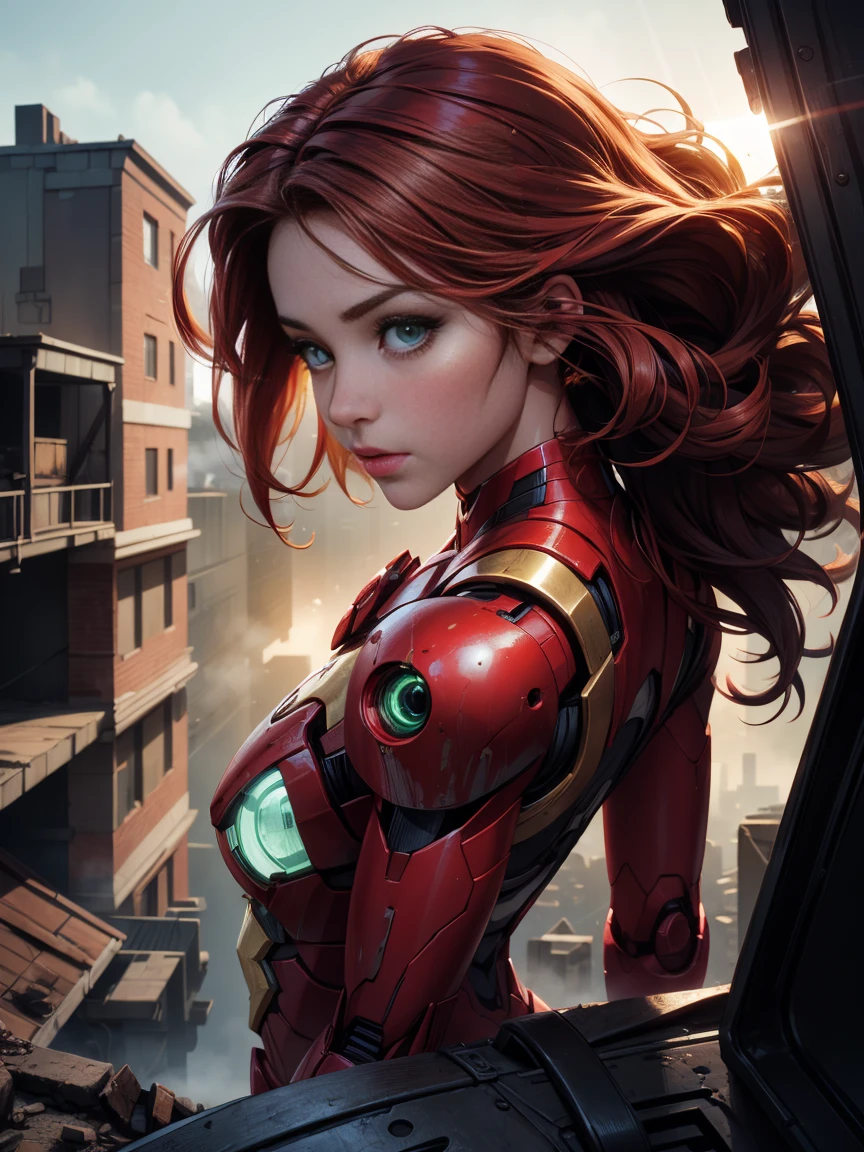 (1 girl:1.3), One,__Body parts__, official art, unity 8k wallpaper, Ultra detailed, Beautiful and aesthetic, Beautiful, masterpiece, Best quality, RAW, masterpiece, super good photo,, Best quality, Super high resolution, photorealistic, Sun Ray, full length portrait, stunningly Beautiful, Red hair, Wavy hair, green eyes, dynamic pose, gentle face, bright eyes, (side view), It has a futuristic Iron Man robot on it, red and gold, Highly detailed background of an abandoned warehouse, detailed face, detailed complex busy background, sloppy, fabulous, lactic, highly detailed skin, realistic skin details, Visible pores, Sharp Focus, volumetric fog, 8k contract, SLR camera, high quality, granularity, bright skin, photorealism, Lomography, a vast metropolis in a futuristic dystopia, Bottom view, translucent,Lainwichit