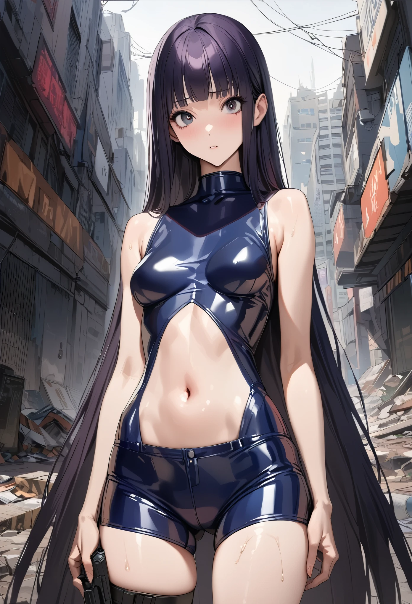 ((masterpiece,best quality anime,Highest quality:1.3)),realistic,cowboy shot,1woman,独奏,(30 year old beauty),((very small head:1.4)),((very long body:1.4)),(dark blue hair),straight long hair,(gorgeous big eyes),black eyes,Serious expression,((slender body:1.4,skinny)),(dark blue turtleneck sleeveles,navel、Navy blue latex shorts),Leg holster medium breasts,,oily skin:1.2,gleaming skin,shiny skin, (holding handgun),standing,on road,Ruined city、Collapsed Buildings、Cyberpunk World、