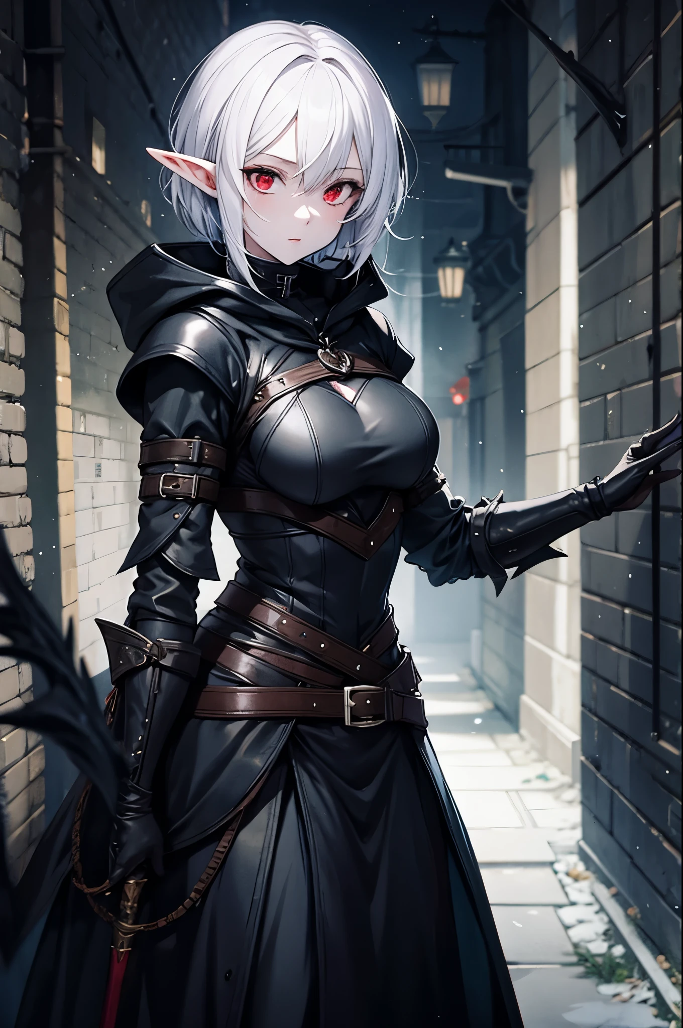 1girl, elf, fantasy, pale skin, (female rogue, assassin, wearing all black, black hood, black cape, cleavage, black skirt, leather pouch:0.5, belt:0.5), red eyes, (short hair, sidelocks, white hair), nighttime, dark atmosphere, dark background, dark alley in a medieval city, (masterpiece, high quality, highly detailed)