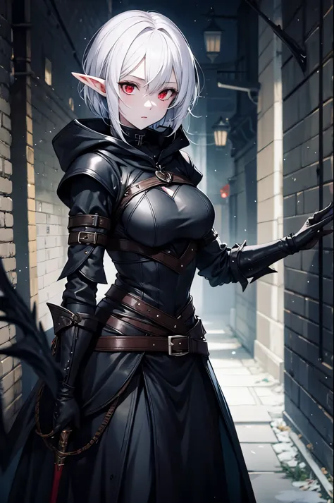 1girl, elf, fantasy, pale skin, (female rogue, assassin, wearing all black, black hood, black cape, cleavage, black skirt, leath...