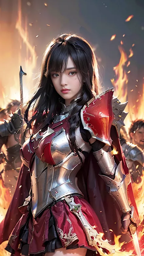 very beautiful woman、slender women、(detailed face)、realistic skin、((knight of fire)), (((red armor:1.25)))、((((highly detailed a...