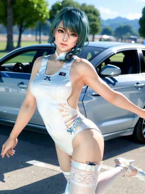 (white plain leotards:1.5),,is a smile in front of a new car in the venue of the auto show; model pose, race queen,
( high-heele...