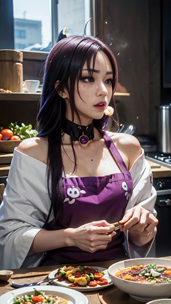 Raiden Shogun (Genshin Impact), (anatomically correct:1.4), food, kitchen, meat, cooking, apron, knife, chopsticks, bowl, cutting_board, carrot, egg, plate, 1girl, holding_knife, frying_pan, stove, choker, soup, indoors, holding, bare_shoulders, ladle, spatula, omurice, dark purple_hair, bread, bottle, ketchup, spoon, curry, tomato, sausage, vegetable, rice, eating, collarbone, pot, pizza, breasts, purple_eyes, holding_chopsticks, "glow effects, godrays, Hand drawn, render, 8k, octane render, cinema 4d, blender, dark, atmospheric 4k ultra detailed, cinematic, Sharp focus, big depth of field, Masterpiece, colors, 3d octane render, 4k, concept art, trending on artstation, hyperrealistic, Vivid colors, extremely detailed CG unity 8k wallpaper, trending on CGSociety, Intricate, High Detail, dramatic", anime coloring, anime screencap, sweating, steaming body, fog, looking at viewer