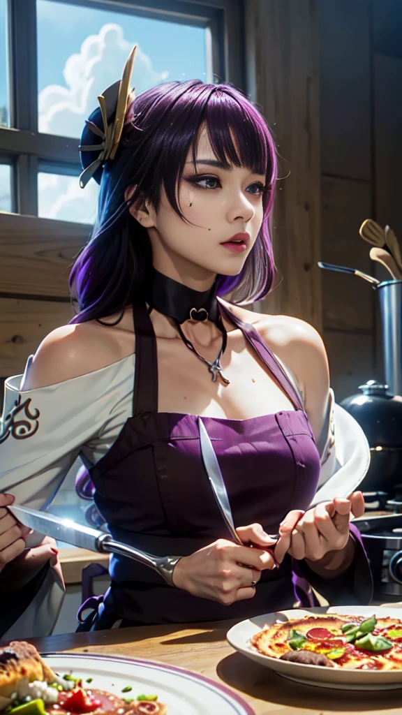 Raiden Shogun (Genshin Impact), (anatomically correct:1.4), food, kitchen, meat, cooking, apron, knife, chopsticks, bowl, cutting_board, carrot, egg, plate, 1girl, holding_knife, frying_pan, stove, choker, soup, indoors, holding, bare_shoulders, ladle, spatula, omurice, dark purple_hair, bread, bottle, ketchup, spoon, curry, tomato, sausage, vegetable, rice, eating, collarbone, pot, pizza, breasts, purple_eyes, holding_chopsticks, "glow effects, godrays, Hand drawn, render, 8k, octane render, cinema 4d, blender, dark, atmospheric 4k ultra detailed, cinematic, Sharp focus, big depth of field, Masterpiece, colors, 3d octane render, 4k, concept art, trending on artstation, hyperrealistic, Vivid colors, extremely detailed CG unity 8k wallpaper, trending on CGSociety, Intricate, High Detail, dramatic", anime coloring, anime screencap, sweating, steaming body, fog, looking at viewer