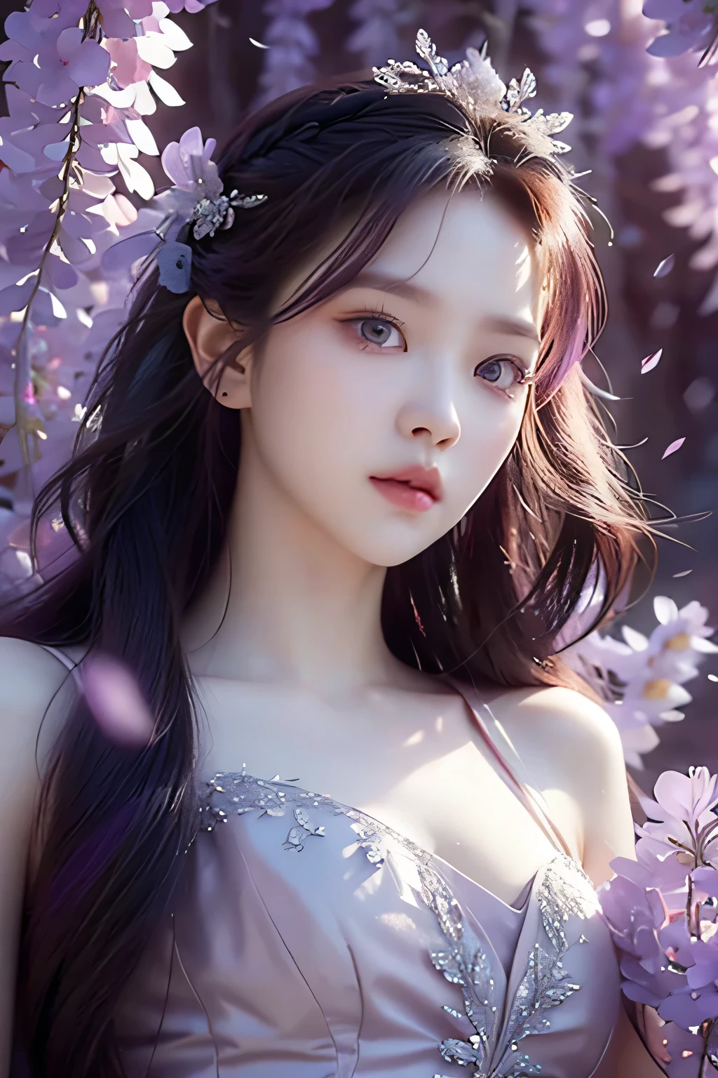 yeri rv, purple fairy, long hair, beautiful detailed eyes, beautiful detailed lips, extremely detailed face, longeyelashes, elegant pose, dramatic lighting, cinematic, chiaroscuro, dramatic shadows, moody, atmospheric, photorealistic, 8k, best quality, masterpiece, wisteria background