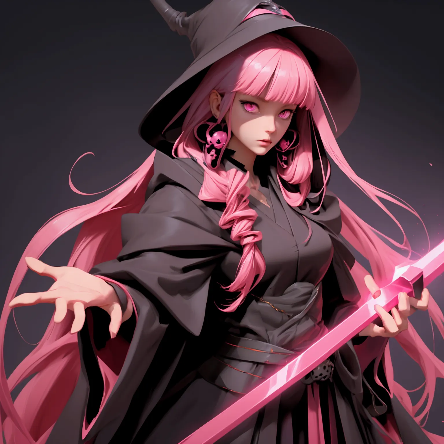 envision a 8k, highres, cinematic, full body design of a tall woman named mori calliope with long pink hair, pink eyes, in a gri...