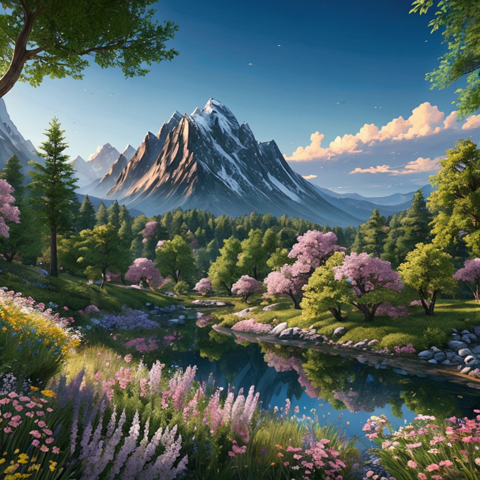 beautiful scenery, d(masterpiece:1.2,Exceptional, Cinematic Experience),8k,wallpaper, Mountain with trees and flowers, Scenery, perfectly detail, extremely detail, realistic, extremely realistic, good hue and saturation, real life color, authentic