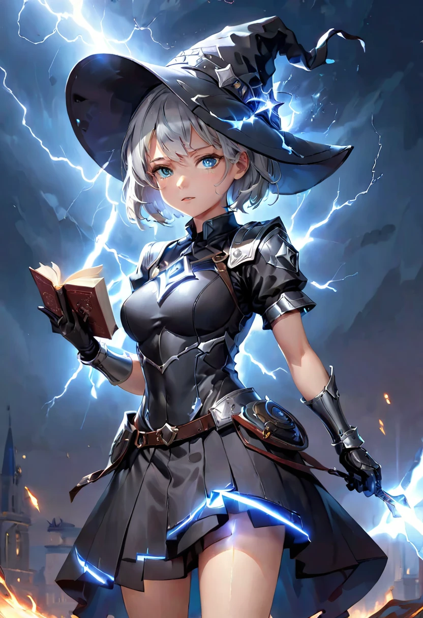 1 Girl,Cowboy shooting,permanent,short hair,Silver Hair,blue eyes,Witch Hat,armored suit,Black skirt,Short sleeve,Black Gloves,Book,holding Book,Light,Light Particles,Blue Background, complex, (best quality, masterpiece, representative work, Official Art, professional, Unity 8K wallpaper:1.3)，Thunder and Lightning，electrical arcs，flame，lightning