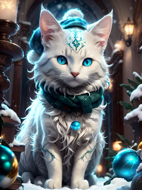 gray cat++, (green eyes)++, snow, (warm scarf)+, snowflakes, (bommelmütze)+, christmas tree, dynamic colors, nice, 32k, uhd, 16k...