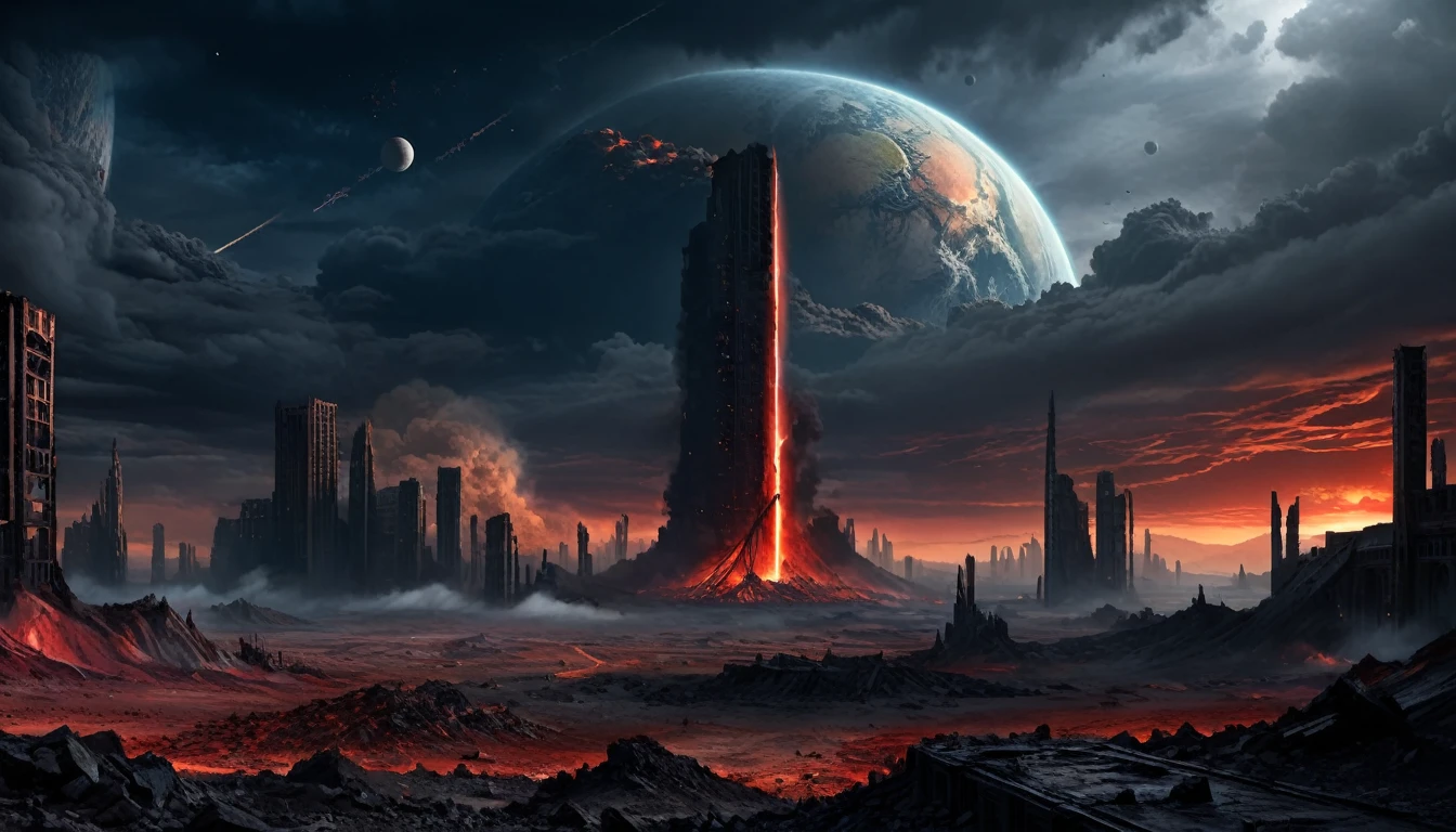 Describe a planet with a landscape of craters, charred wastelands, and war-torn structures. The sky is a bright, ominous red. The landscape features a crumbling skyscraper rising in a desolate, barren desert. The horizon is littered with debris and rubble, in stark contrast to the gray, heavy, cloud-covered sky. What event or scenario could have caused such devastation, as if a forgotten war had ravaged the planet?